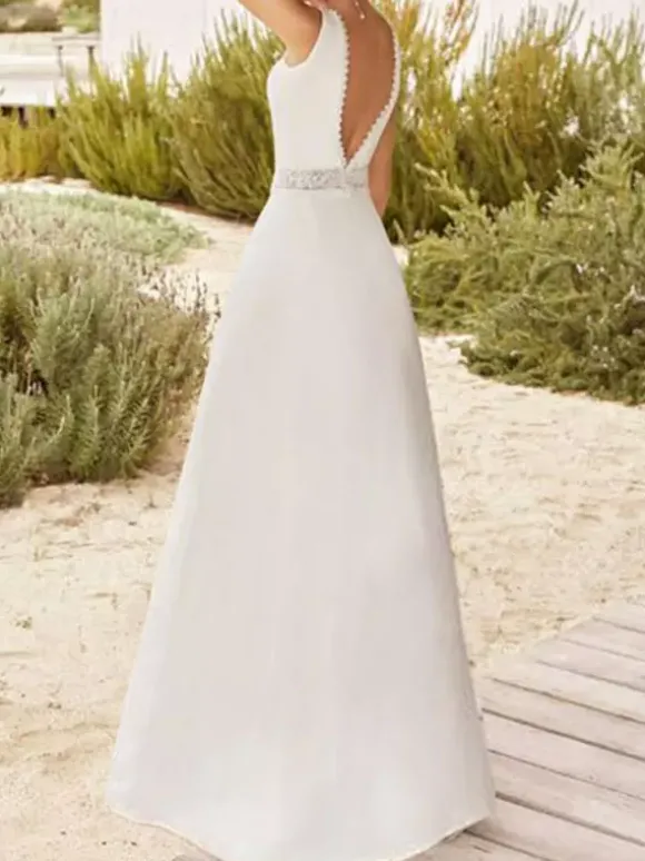 Robe de mariée simple A-Line V-Neck sans manches en dentelle Robes de mariée Personnalisation gratuite