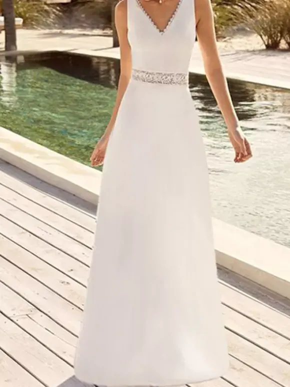 Robe de mariée simple A-Line V-Neck sans manches en dentelle Robes de mariée Personnalisation gratuite