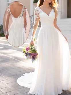 Robe de mariée simple blanche col V manche longue en dentelle