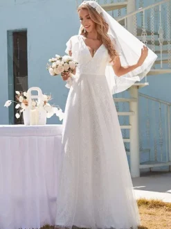 Robe de mariée simple blanche en dentelle col en v manches courtes dos nu volants une ligne taille naturelle longues robes de mariée