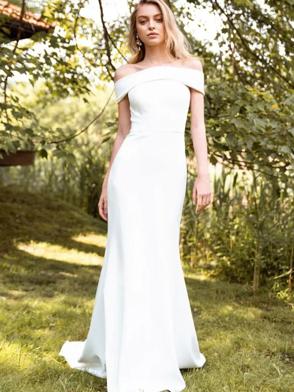 Robe de mariée simple blanche col bateau au sol robe de mariage