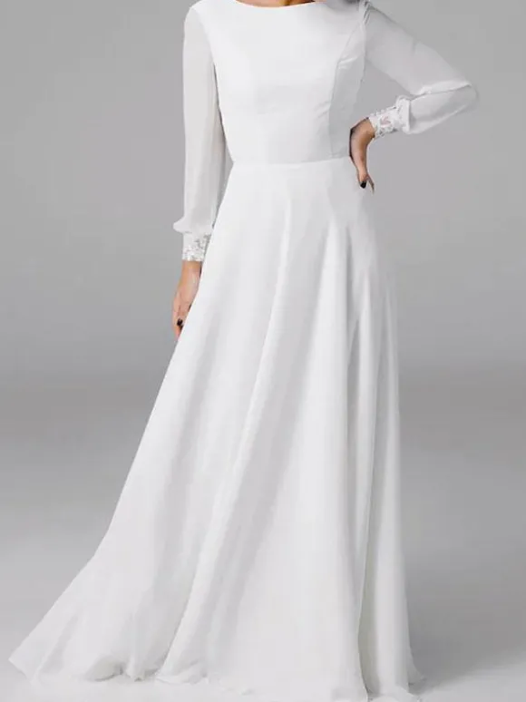 Robe de mariée simple blanche col rond manche longue en dentelle Robes de mariage