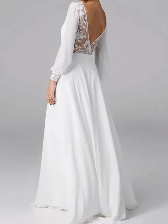 Robe de mariée simple blanche col rond manche longue en dentelle Robes de mariage