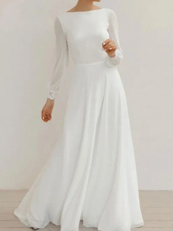 Robe de mariée simple blanche col rond manche longue en dentelle Robes de mariage