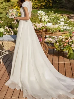 Robe de mariée simple en dentelle col en V manches courtes en dentelle robes de mariée A-ligne personnalisation gratuite