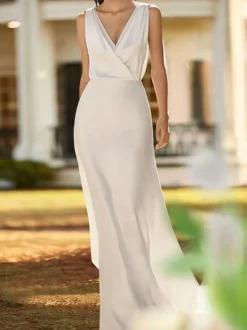Robe de mariée simple en Lycra et spandex col en V sans manches avec n艙uds ligne a 60cm robes de mariée