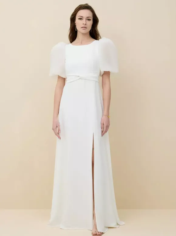 Robe de mariée simple en satin col bijou manches courtes ceinture coupe trapèze