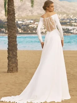 Robe de mariée simple en satin col bateau manche longue dos en dentelle boutonné à traîne