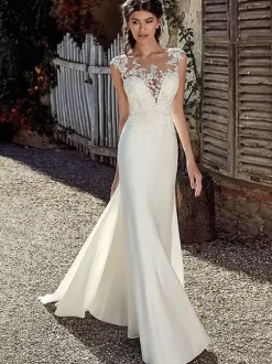 Robe de mariée simple ivoire col rond en dentelle sans manche jupe sirène à traîne Robe de mariage