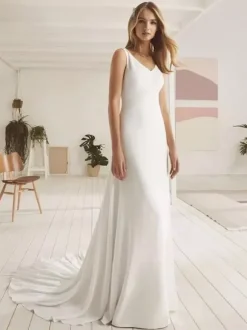 Robe de mariée simple robe de bal col en V sans manches dentelle 40 cm