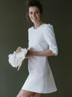 Robe de mariée simple robe de mariée courte col rond dos en V manche 3/4 robe mariage civil