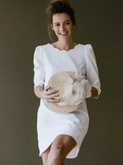 Robe de mariée simple robe de mariée courte col rond dos en V manche 3/4 robe mariage civil