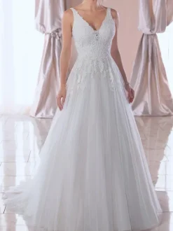 Robe de mariée simple robe de mariage col V boutonné sur dos en dentelle à traîne