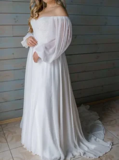 Robe de mariée simple robe de mariage col en coeur manche longue à traîne