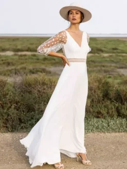 Robe de mariée simple robe de bal col en V manches 3/4 robe de mariée en dentelle