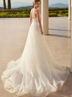 Robe de mariée simple sirène col en V sans manches à traîne amovible