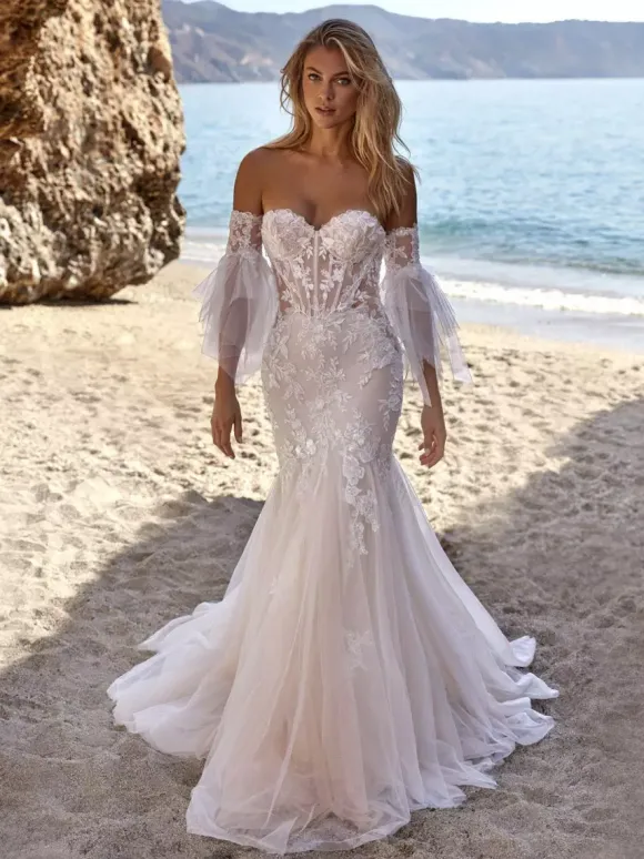 Robe de mariée sirène à traîne manches mi-longues et sequins décolleté c艙ur