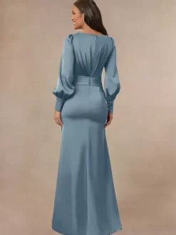 Robe de mariée sirène plissée pour mère col en v manches longues robes d'invitées pour mariage