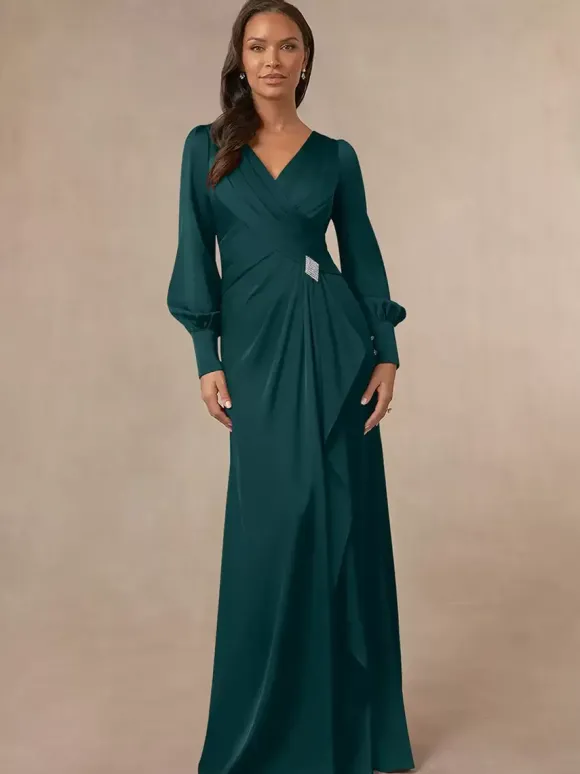 Robe de mariée sirène plissée pour mère col en v manches longues robes d'invitées pour mariage