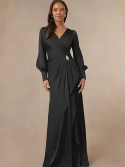 Robe de mariée sirène plissée pour mère col en v manches longues robes d'invitées pour mariage