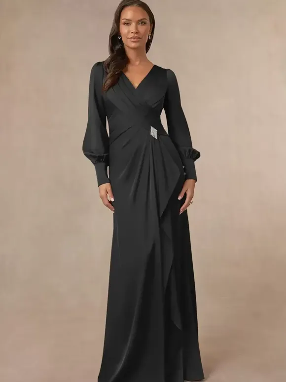 Robe de mariée sirène plissée pour mère col en v manches longues robes d'invitées pour mariage