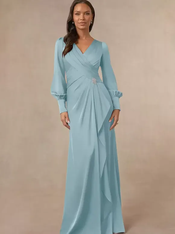 Robe de mariée sirène plissée pour mère col en v manches longues robes d'invitées pour mariage