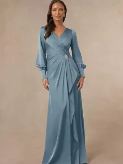 Robe de mariée sirène plissée pour mère col en v manches longues robes d'invitées pour mariage
