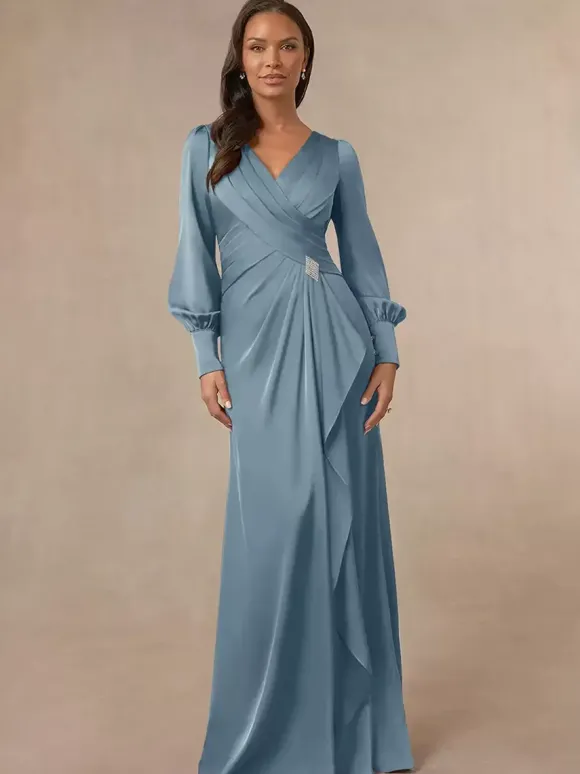Robe de mariée sirène plissée pour mère col en v manches longues robes d'invitées pour mariage