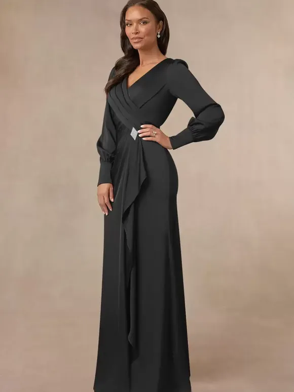 Robe de mariée sirène plissée pour mère col en v manches longues robes d'invitées pour mariage