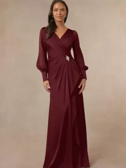 Robe de mariée sirène plissée pour mère col en v manches longues robes d'invitées pour mariage