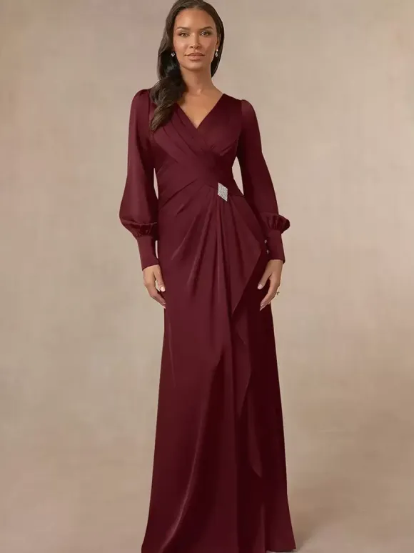 Robe de mariée sirène plissée pour mère col en v manches longues robes d'invitées pour mariage