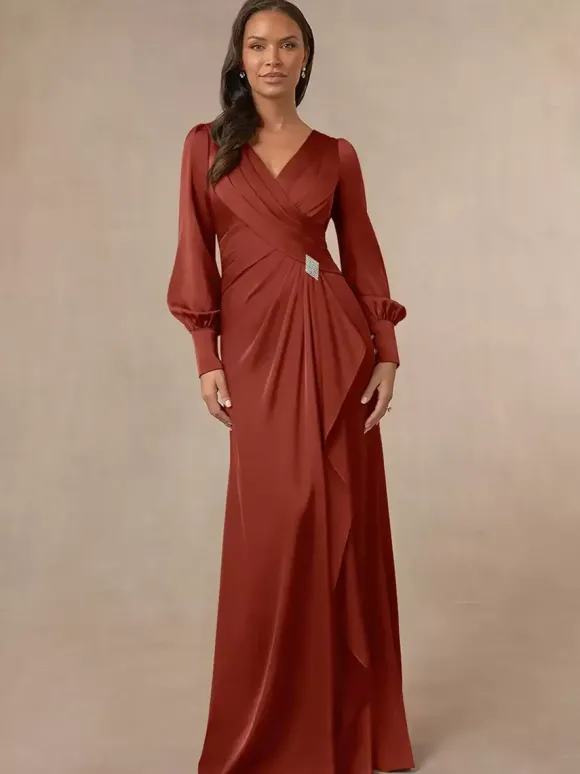 Robe de mariée sirène plissée pour mère col en v manches longues robes d'invitées pour mariage