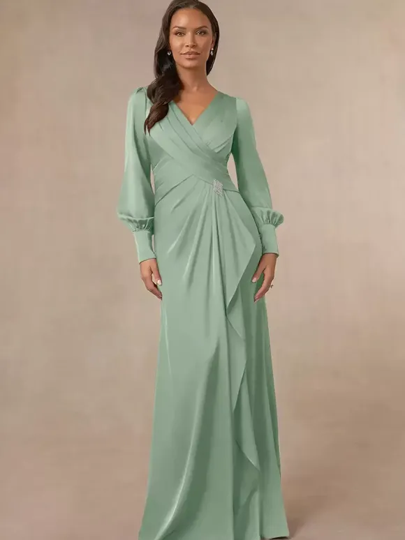 Robe de mariée sirène plissée pour mère col en v manches longues robes d'invitées pour mariage