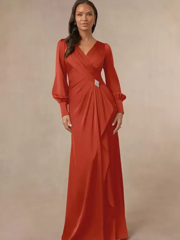 Robe de mariée sirène plissée pour mère col en v manches longues robes d'invitées pour mariage