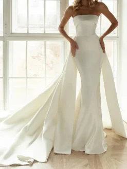 Robe de mariée sirène robe de mariage en satin bustier noeud sur dos à traîne