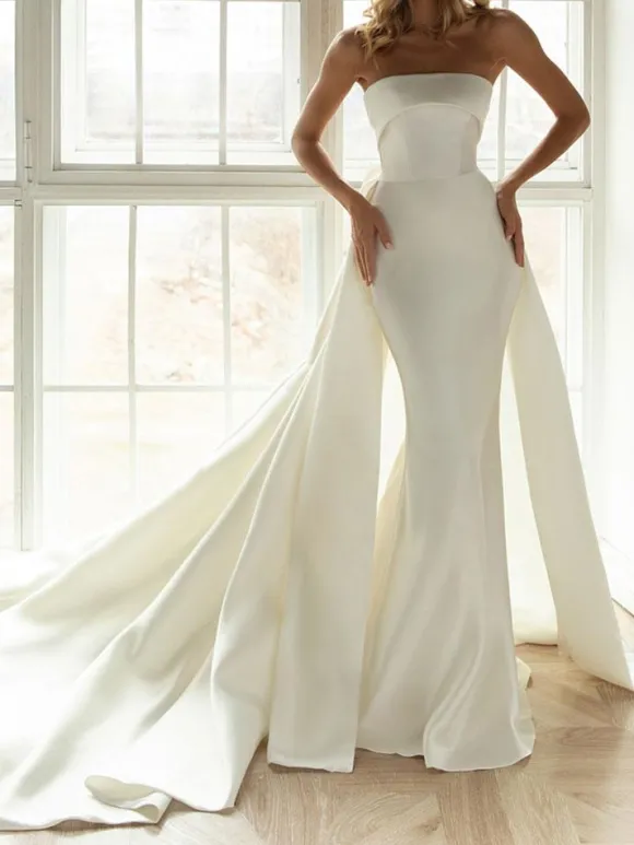 Robe de mariée sirène robe de mariage en satin bustier noeud sur dos à traîne