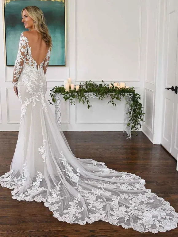 Robe de mariée sirène robe de mariage col V manche longue en dentelle à traîne