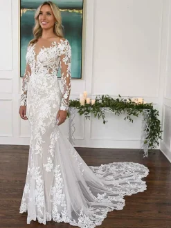Robe de mariée sirène robe de mariage col V manche longue en dentelle à traîne