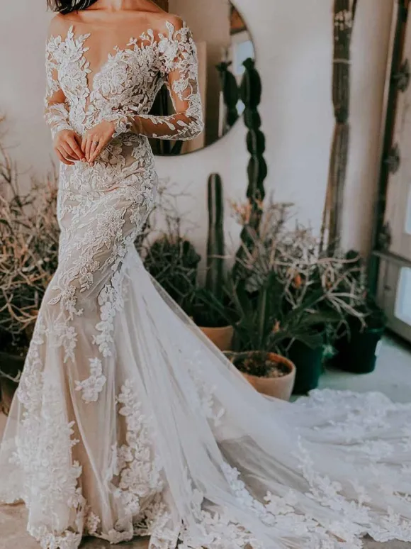 Robe de mariée sirène robe de mariage col V manche longue en dentelle à traîne