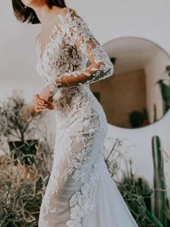 Robe de mariée sirène robe de mariage col V manche longue en dentelle à traîne