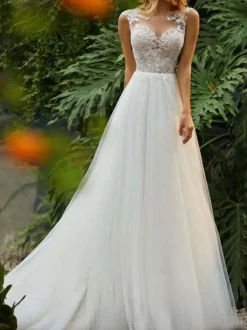 Robe de mariée trapèze ivoire en tulle col rond en dentelle jupe plissée robe de mariage