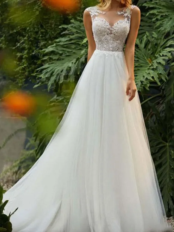 Robe de mariée trapèze ivoire en tulle col rond en dentelle jupe plissée robe de mariage