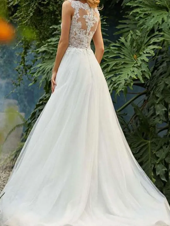 Robe de mariée trapèze ivoire en tulle col rond en dentelle jupe plissée robe de mariage