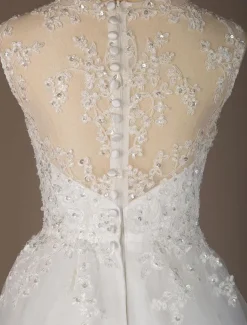 Robe de mariée trapèze ivoire en tulle col rond en dentelle jupe plissée robe de mariage