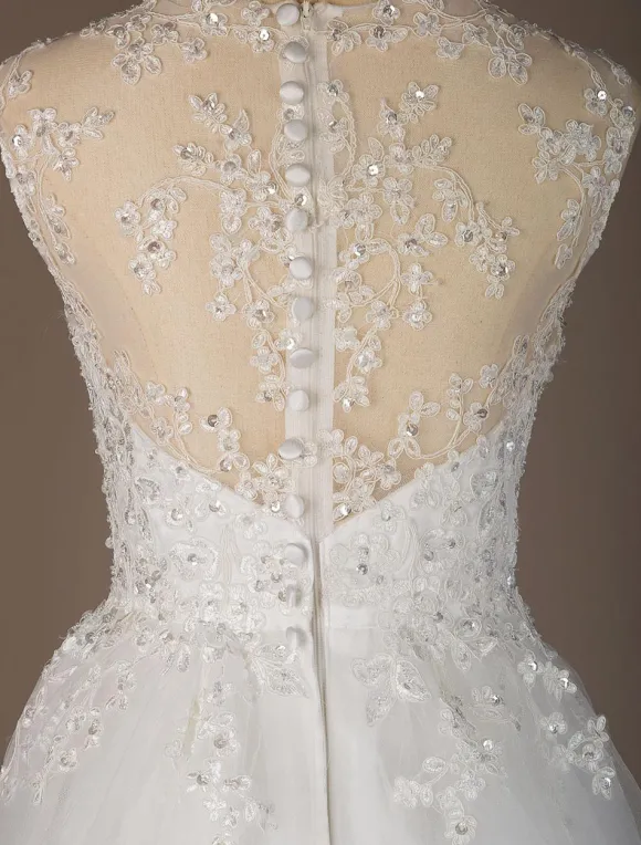 Robe de mariée trapèze ivoire en tulle col rond en dentelle jupe plissée robe de mariage