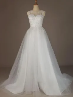 Robe de mariée trapèze ivoire en tulle col rond en dentelle jupe plissée robe de mariage