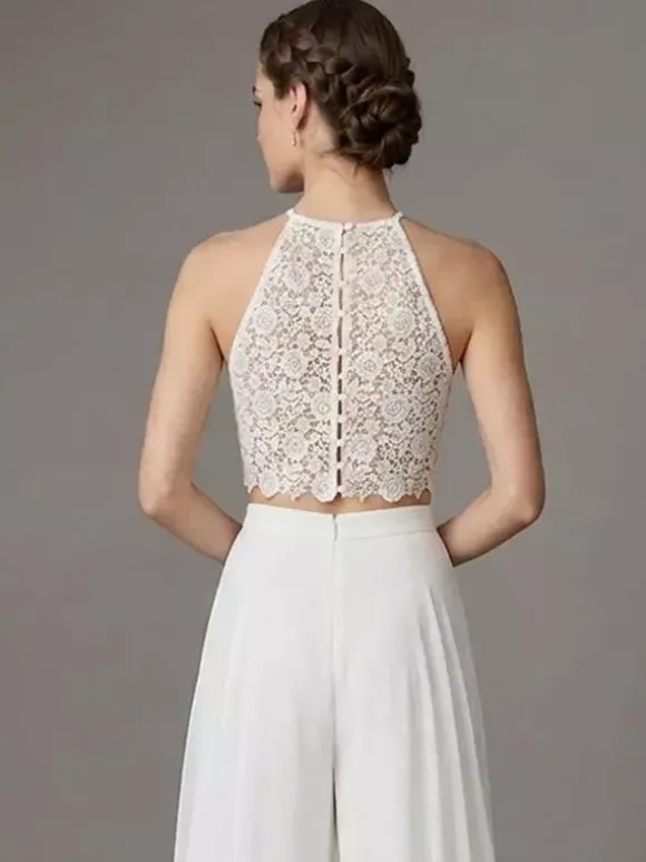 Robe de mariée trois pièces en dentelle col rond manches longues longueur au sol