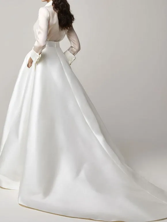 Robe de mariée vintage charleston 2 pièces col V manche longue à traîne
