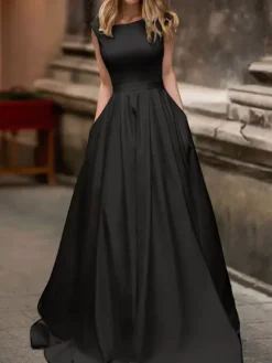 Robe de mariée Vintage en Satin ligne A col bateau sans manches longueur au sol 2026