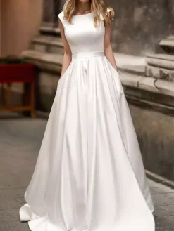 Robe de mariée Vintage en Satin ligne A col bateau sans manches longueur au sol 2026